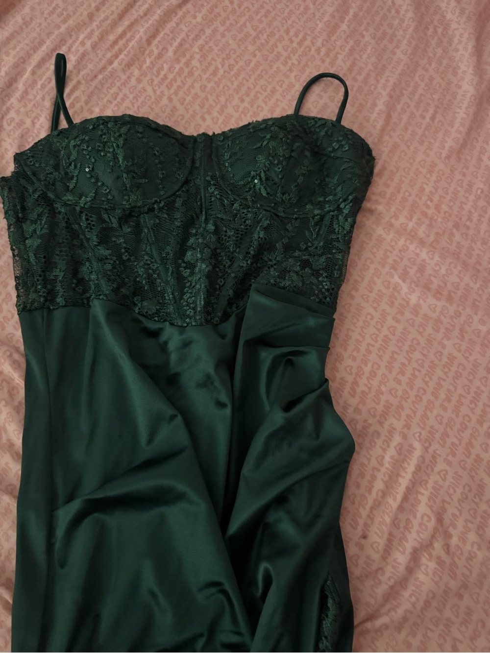 B Darlin Dark Green Lace Satin Prom Dress